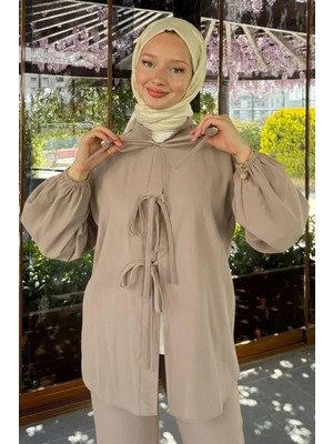 Tesettür Diyarı Tansel Kumaş Fiyonk Bağlamalı Tesettür Takım- Vizon