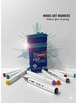 Mikro Art Marker Çift Taraflı Kalın&ince Uçlu Keçeli Marker Set 12 Renk Bez Çantalı
