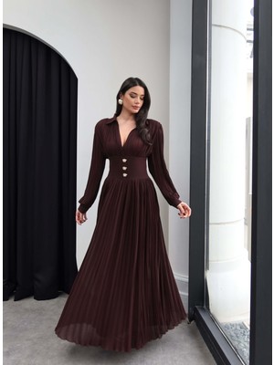 Esra Helvacı V Yaka Piliseli Maxi Elbise