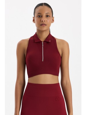 COMEUP Fermuarlı Pedli Polo Yaka Crop Top Scarlet Kırmızısı