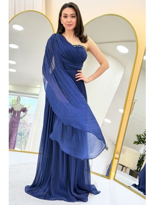 Zks Grup Tekstil- Kadın Tek Omuz Pelerinli Drapeli Taş Detaylı Abiye Elbise Lacivert, Su Yeşili, Bej, Siyah