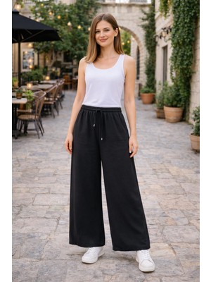 Moda Bol Paça Müslin Pantolon Siyah Acı Pantolonkahve Açık Yeşil Lastikli Bel Rahat