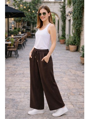 Moda Bol Paça Müslin Pantolon Siyah Acı Pantolonkahve Açık Yeşil Lastikli Bel Rahat