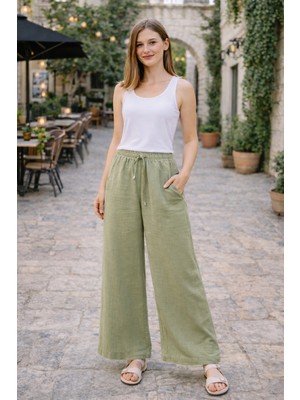 Moda Bol Paça Müslin Pantolon Siyah Acı Pantolonkahve Açık Yeşil Lastikli Bel Rahat