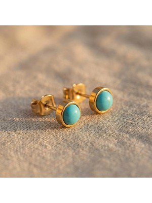 Zeino Turkuaz Taşlı Mini Çelik Küpe - 18K Altın Rengi Kaplama, 5 mm Çap