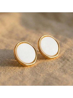 Zeino Beyaz Mineli Yuvarlak Halka Küpe - 14K Altın Rengi Kaplama, 2,5 cm Çap