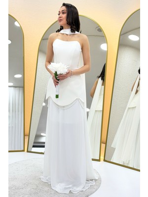 Zks Grup Tekstil-Kadın Şal Detaylı Korseli Eteği Şifon Tasarım Abiye Elbise Bebe Mavi, Siyah, Lacivert, Beyaz