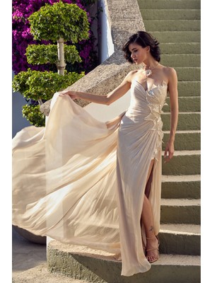 Ömür Inn Kadın Straplez Pul - Payet Işlemeli Uzun Abiye Elbise 6812 Şampanya