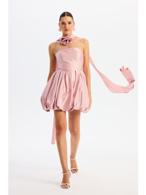 Carmen Kadın Balon Etek Güllü Saten Abiye Elbise 58617 Pudra