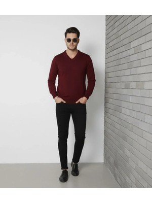 Etiler Collection Erkek V Yaka Triko Kazak Yumuşak Dokulu Pamuklu Ince Dokuma, Uzun Kollu Rahat Regular Kalıp - Bordo