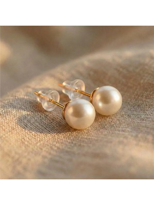 Zeino Orta Top Bej Krem Inci Küpe - Gümüş Kaplama 14K Altın Rengi, 7 mm Çap