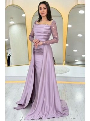 Thezkscom-Kadın Payet Işlemeli Uzun Kol Kare Yaka Saten Kuyruklu Abiye Elbise Lacivert, Lila, Siyah