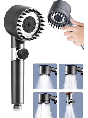 Privo Yüksek Basınçlı Masaj Taraklı 3 Kademeli Turbo Duş Başlığı Silikon Fırçalı Su Tasarruflu Filtreli