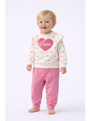 Dinamik çocuk Kız Bebek Mevsimlik Alt Üst Eşofman Takımı Kalp Desenli 2 Iplik Şardonsuz 3-12 Aylık
