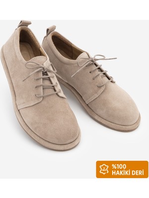 Marjin Kadın Hakiki Deri Kadın Bağcıklı Maskülen Loafer Günlük Oxford Ayakkabı Bemor Bej Süet