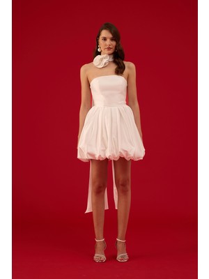 Carmen Kadın Balon Etek Güllü Saten Abiye Elbise 58617 Beyaz