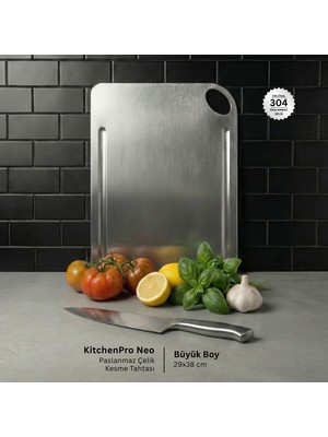 Metal Hayaller KitchenPro Neo Paslanmaz Çelik Kesme Tahtası (Büyük Boy - 29x38 cm)