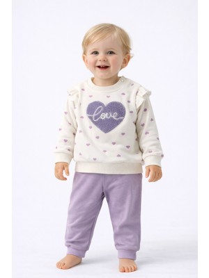 Dinamik çocuk Kız Bebek Mevsimlik Alt Üst Eşofman Takımı Kalp Desenli 2 Iplik Şardonsuz 3-12 Aylık