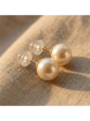 Zeino Büyük Top Bej Krem Inci Küpe - Gümüş Kaplama 14K Altın Rengi, 9 mm Çap