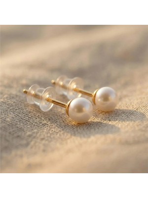 Zeino Küçük Top Beyaz Inci Küpe - 925 Ayar Gümüş Kaplama 14K Altın Rengi, 6 mm Çap