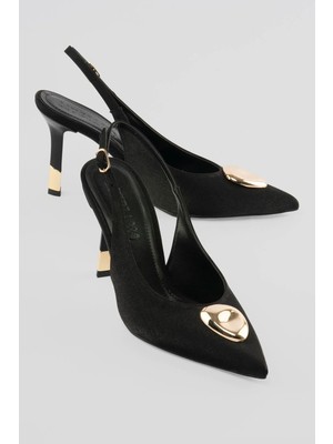 Mubiano Kadın Saten Stiletto Sivri Burun Gold Detaylı Arkası Açık Topuklu Ayakkabı Veluna Siyah