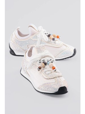 Mubiano Kadın Sneaker Düz Taban Taşlı Boncuk Detaylı Streç Spor Ayakkabı Zyra Beyaz