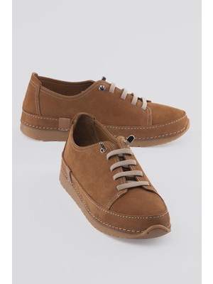 Mubiano Kadın Nubuk Deri Bağcıklı Konfor Ayakkabı Velan Taba