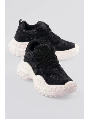 Mubiano Kadın Sneaker Kalın Taban Yılan Baskı Detaylı Bağcıklı Spor Ayakkabı Stellix Siyah