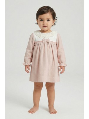 Minipomes Kız Bebek Yakası Güpürlü Uzun Kol Elbise Pembe