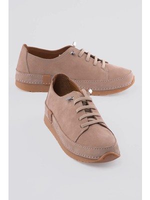 Mubiano Kadın Nubuk Deri Bağcıklı Konfor Ayakkabı Velan Bej