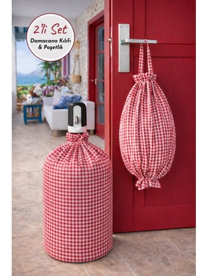 Yuvol Kırmızı Pötikareli Damacana Kılıfı + Çift Lastikli Kumaş Poşetlik, 2’li Mutfak Organizeri Seti