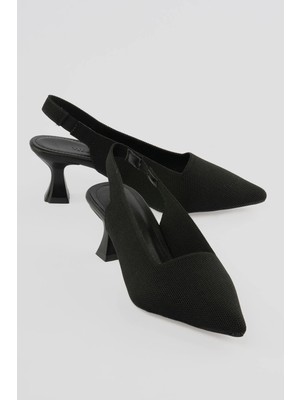 Mubiano Kadın Triko Stiletto Sivri Burun Arkası Açık Topuklu Ayakkabı Koreva Siyah