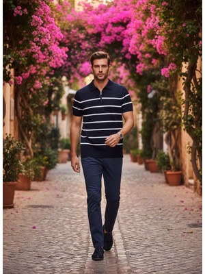 Nakşi Giyim Erkek Polo Yaka Çizgili Triko Tişört Yarım Fermuarlı Kısa Kollu Günlük Şık Üst