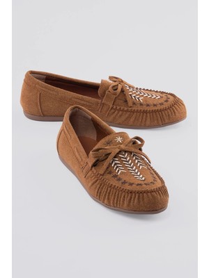 Mubiano Kadın Süet Loafer Nakışlı Bağcıklı Ayakkabı Talina Taba