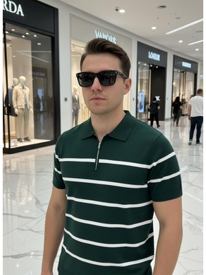 Nakşi Giyim Erkek Polo Yaka Çizgili Triko Tişört Yarım Fermuarlı Kısa Kollu Günlük Şık Üst