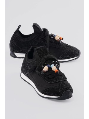 Mubiano Kadın Sneaker Düz Taban Taşlı Boncuk Detaylı Streç Spor Ayakkabı Zyra Siyah