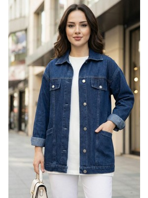 Kadın Cep Detaylı Denim Lacivert Kot Ceket