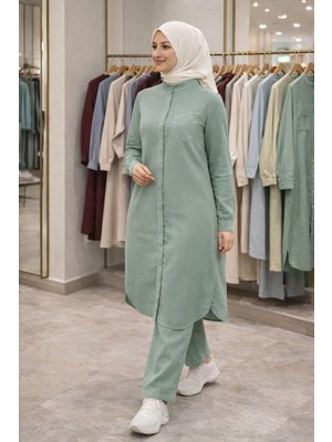 Moda %100 Tensel Kumaş 110 cm Uzun Tunik Pantolon Takım Düğmeli Tesettür Ikili Takım (1-2-3-4 Beden)