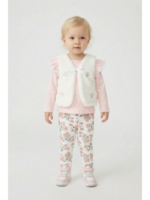 Minipomes Kız Bebek Peluş Yelekli Tayt Takım Pembe