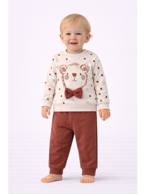 Dinamik çocuk Erkek Bebek Papyonlu Ayıcık Desenli Alt Üst Takım 2 Iplik Şardonsuz Mevsimlik Eşofman Takımı 3-12 Ay