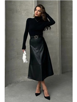 Topshow Deri Kemerli Midi Etek