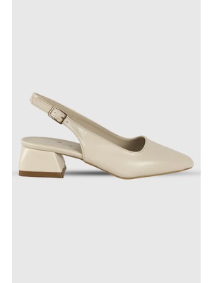 Polly Bej Mat Arka Kemer Detay Küt Burun Kadın Topuklu Ayakkabı