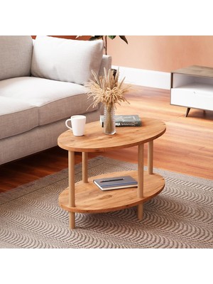 Braventa Collection Intergo-Orta Sehpa Oval Ahşap Ayaklı Iki Katlı Gazetelikli (Atlantik Çam)