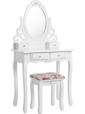 Braventa Collection Makyaj Masası, Ayna ve Tabure ile Oyuk Makyaj Masası, 4 Çekmece, Eğim Koruması, Beyaz RDT04W, 75 x 4