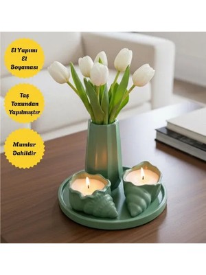 4 Parça Yeşil Dekoratif Set - Istiridye Mumlu, Vazolu, Yuvarlak Tepsili (Çiçek Dahil Değildir)