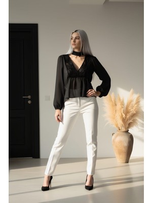 Modeva Global Dantel V Yaka Detaylı Şifon Siyah Şık Bluz