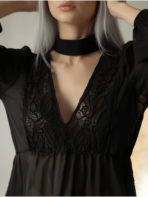 Modeva Global Dantel V Yaka Detaylı Şifon Siyah Şık Bluz