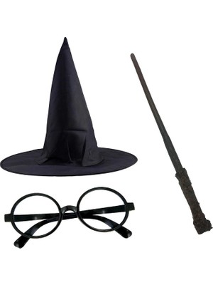 LTG Nova Mey Ithalat® Harry Potter Siyah Şapkası Harry Potter Gözlüğü Harry Potter Asası 3 Lü Set