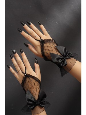 Siyah Fileli Dantel Eldiven - Parmaksız Fiyonk Detaylı Taşlı Eldiven - Gotik ve Retro Aksesuar