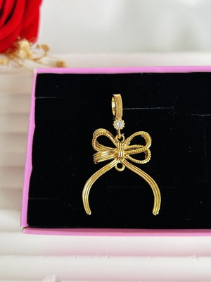 Roya Happiness Altın Kaplama Çeyrek Fiyonk Kurdele Kolye Ucu Taşlı Yeni Gelinler Için Eşe Nişanlıya Hediye